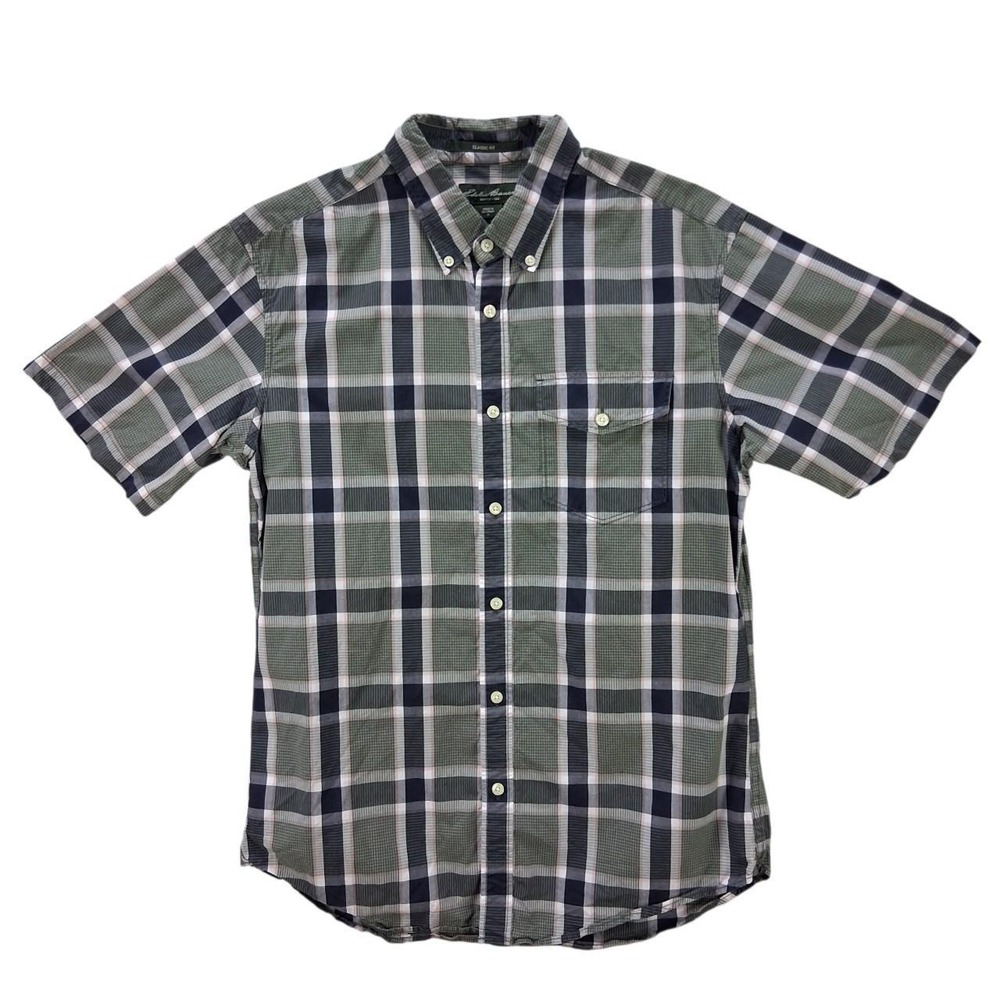 Eddie Bauer Mens Classic Fit Plaid Short Sleeve Button Up Shirt Green Medium